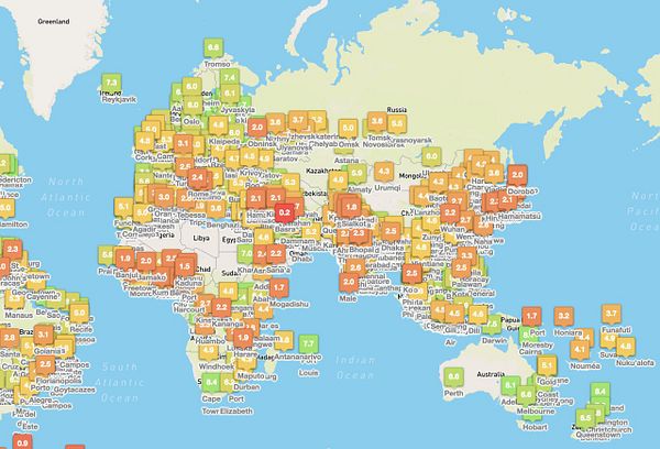 A world map displaying various locations marked with colored indicators representing performance ratings.
