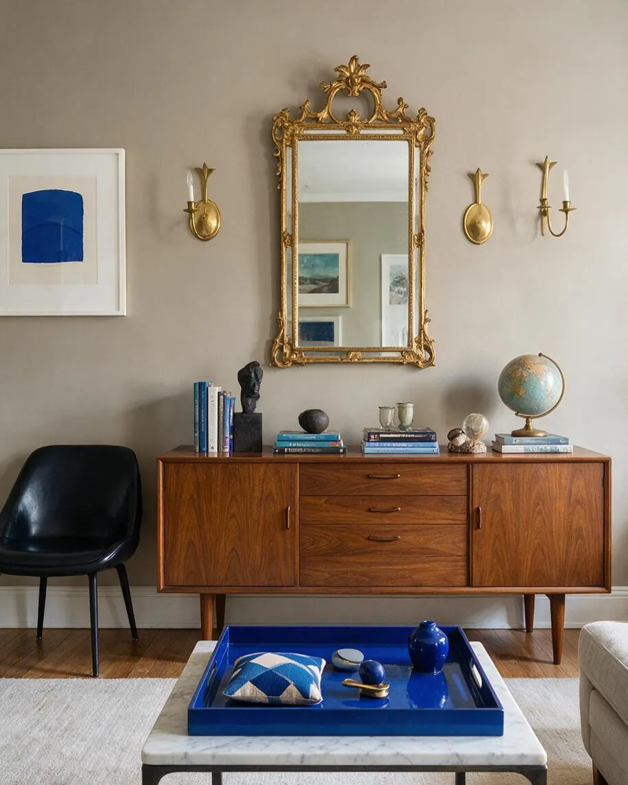 A stylish eclectic living room featuring a walnut sideboard against a taupe wall, topped with books, a globe, and small decorative objects. An ornate gold-framed mirror is centered above the cabinet, flanked by brass wall sconces. A black chair sits to the left, and a marble coffee table with a bright blue tray anchors the foreground.