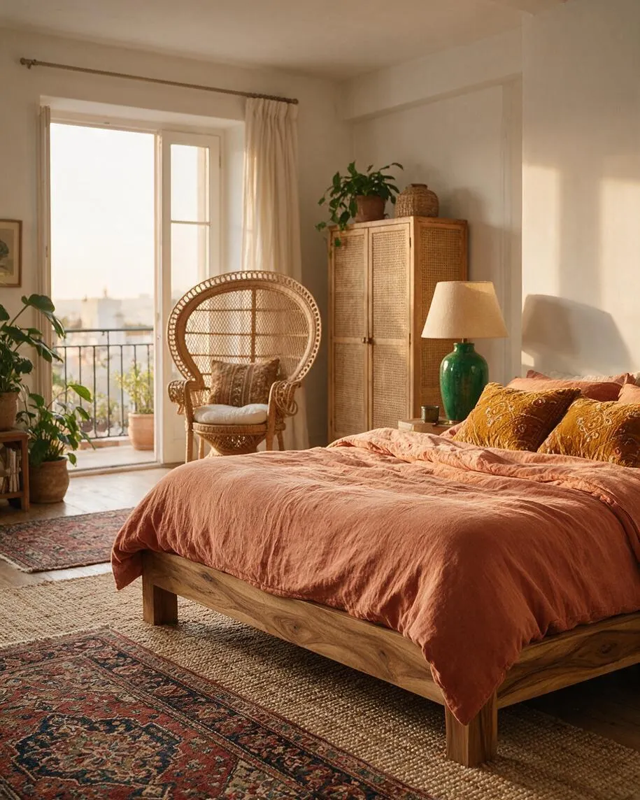 A warm bohemian guest bedroom with a low wooden bed dressed in a rust-colored duvet and patterned pillows. The room includes a rattan peacock chair, woven cabinet, green ceramic lamp, layered rugs, potted plants, and soft cream curtains by a bright balcony door.