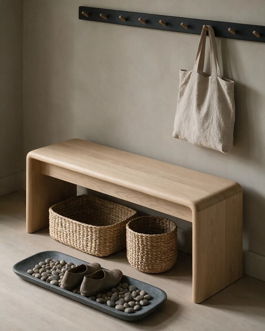 A serene Japandi-style entryway vignette with a light oak bench against a muted beige wall. A dark wall-mounted peg rail holds a canvas tote bag above woven storage baskets, while a stone tray with pebbles and small shoes sits on the floor in front.