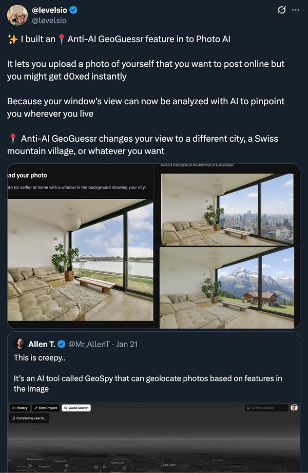 The image features a tweet discussing a new Anti-AI GeoGuessr feature in Photo AI, showcasing a living space with a view.