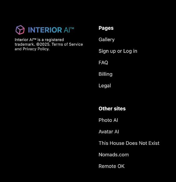 The image displays a website footer for Interior AI, including navigation links and legal information.