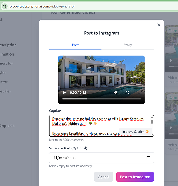 The image displays a user interface for posting a video to Instagram, featuring a luxury villa and a caption editing section.