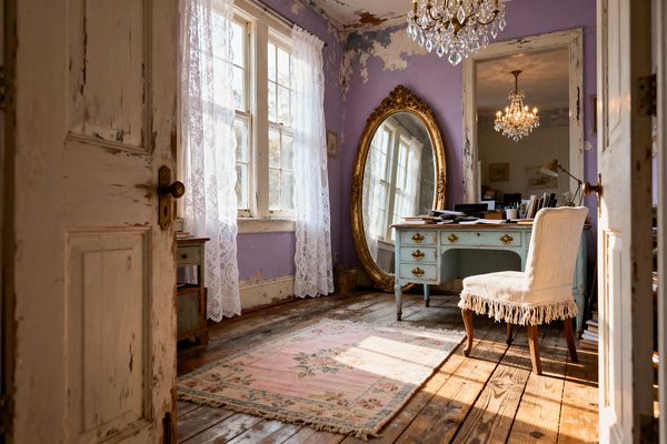 A shabby chic home office with soft lavender walls and peeling white trim, where lace curtains drape tall windows. A distressed robin’s-egg blue desk with brass pulls faces a leaning gilded mirror beneath a crystal chandelier; a linen skirted chair and a blush floral rug rest on wide-plank wooden floors, with sunlight streaming in and books, papers, and a brass task lamp arranged on the desk.
