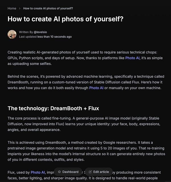 The image displays a webpage titled 'How to create AI photos of yourself?' with detailed content about AI-generated images.
