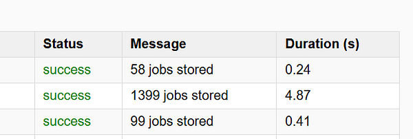 A table displaying job storage status updates with success messages and durations.