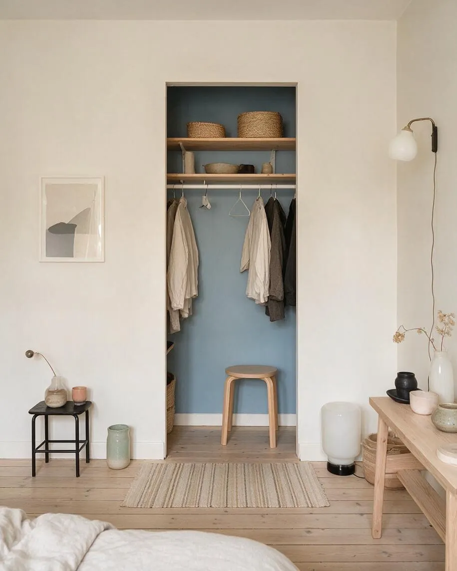 A minimalist Scandinavian-style closet recessed into a white wall, lined with a muted blue back panel, open wooden shelves, and a hanging rail with neutral-toned clothing. A small light wood stool sits inside, while woven baskets, a striped rug, pale wood flooring, and simple ceramic decor complete the calm, airy room.