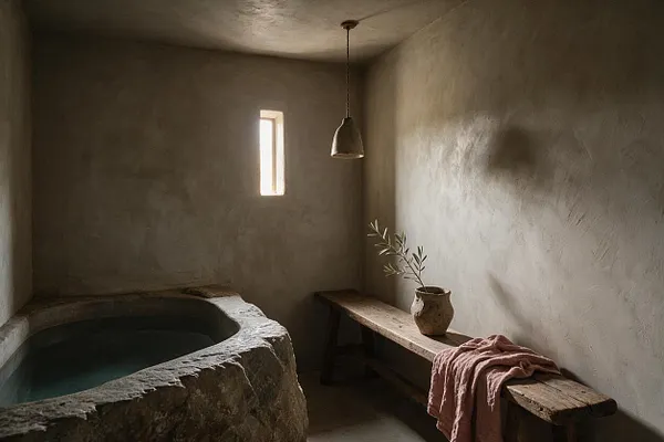 A small basement room styled in Wabi-Sabi simplicity, with rough plaster walls, a stone soaking tub on the left, and a narrow window bringing in soft daylight. A rustic wooden bench on the right holds a clay vase with branches and a draped pink towel, while a single pendant light hangs from the ceiling.