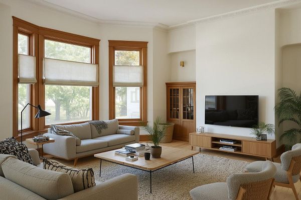 A modern living room featuring large windows, comfortable seating, and a television setup.