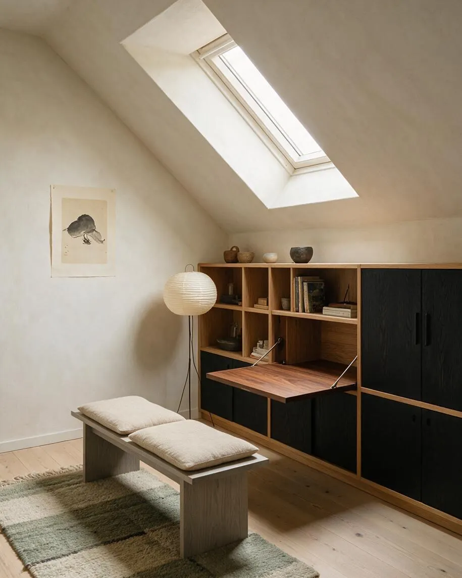 A calm Japandi-style game room under a sloped ceiling with a large skylight, pale plaster walls, and light wood floors. The room features a low wooden bench with cream cushions, a woven rug, a paper lantern floor lamp, and a built-in shelving unit with black cabinet doors and warm wood shelves.