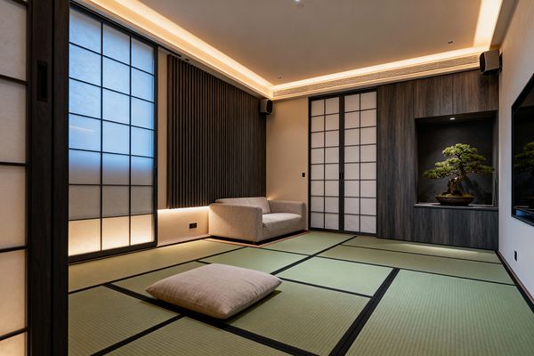 A minimalist media room with pale green tatami mats bordered in black, flanked by sliding shoji doors with translucent panels in dark wood frames. A low beige linen sofa sits against a wall of vertical dark wood slats, while a recessed niche displays a bonsai under a spotlight. Warm LED cove lighting traces the ceiling and baseboards, and discreet wall speakers and a flat-screen TV complete the serene, Japanese Zen space.
