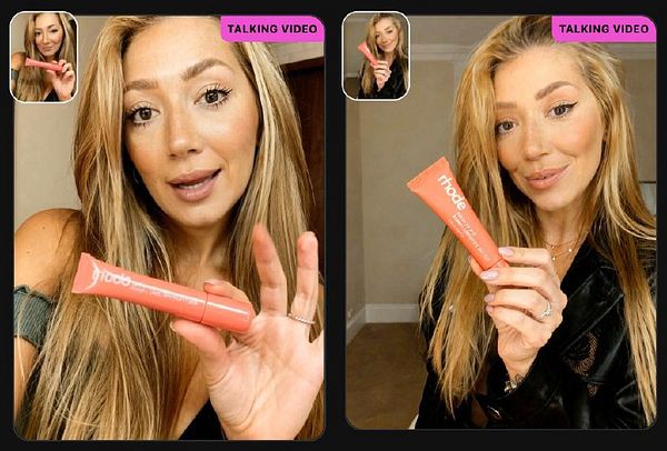 The image features two side-by-side video frames of a woman showcasing a beauty product.