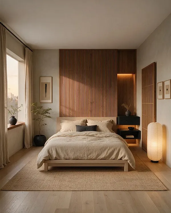 A serene Japandi master bedroom with a low wooden bed centered against a tall slatted wood headboard wall. Soft beige bedding, a woven area rug, linen curtains, black accent furniture, potted plants, and a glowing paper floor lamp create a calm, natural atmosphere.