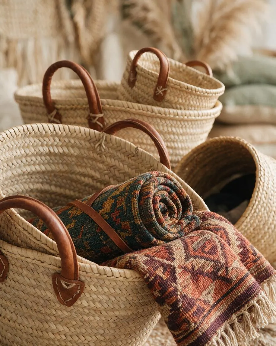 Several natural woven straw baskets with curved leather handles are stacked together, each holding rolled patterned rugs or textiles in earthy tones. The scene has a warm, rustic Bohemian feel with soft neutral background decor.