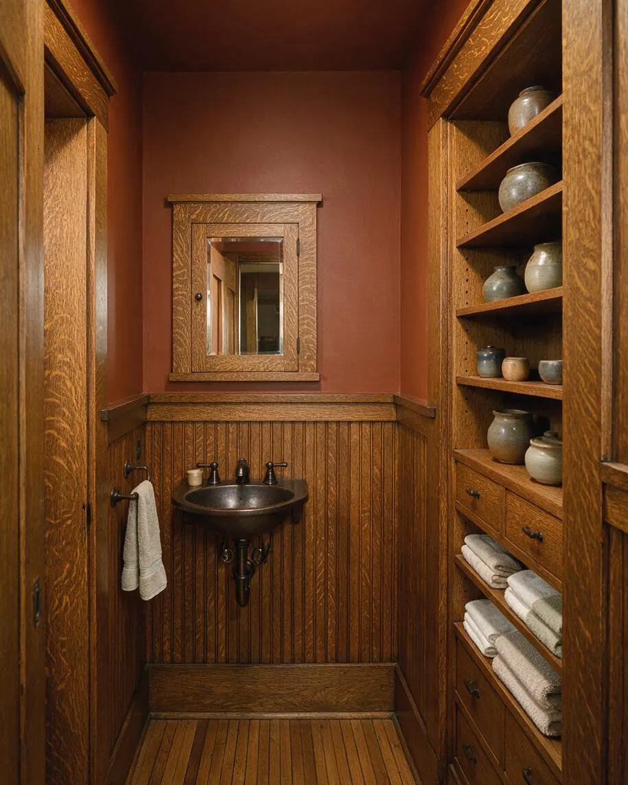 A narrow Craftsman-style powder room with rich wood paneling, built-in shelving, and a small wall-mounted sink. The space features a wood-framed mirror cabinet, dark bronze fixtures, folded towels, and ceramic vessels arranged on open shelves.