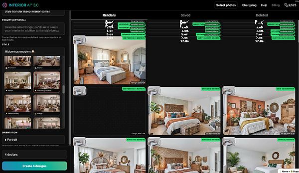 The image displays a user interface for an interior design application showcasing various design styles and render options.