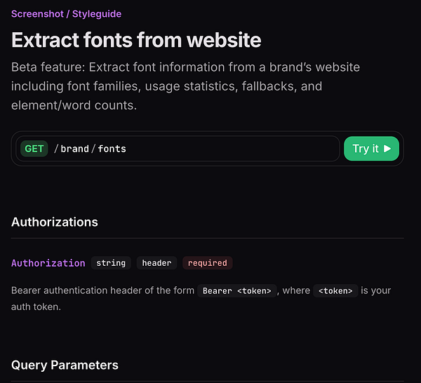 The image displays a screenshot of a style guide for a font extraction API endpoint.