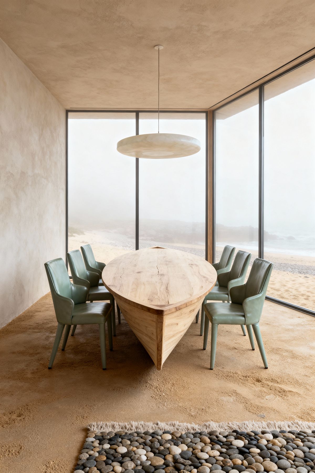 Room AI – Glass-Walled Coastal Dining with Boat-Hull Table - Interior