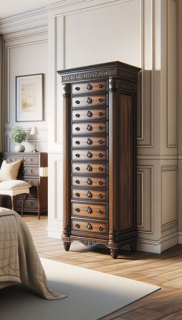A tall, narrow lingerie chest made of polished dark wood, with multiple small drawers, each adorned with a delicate handle, set against a light cream-colored wall in a tastefully decorated bedroom.