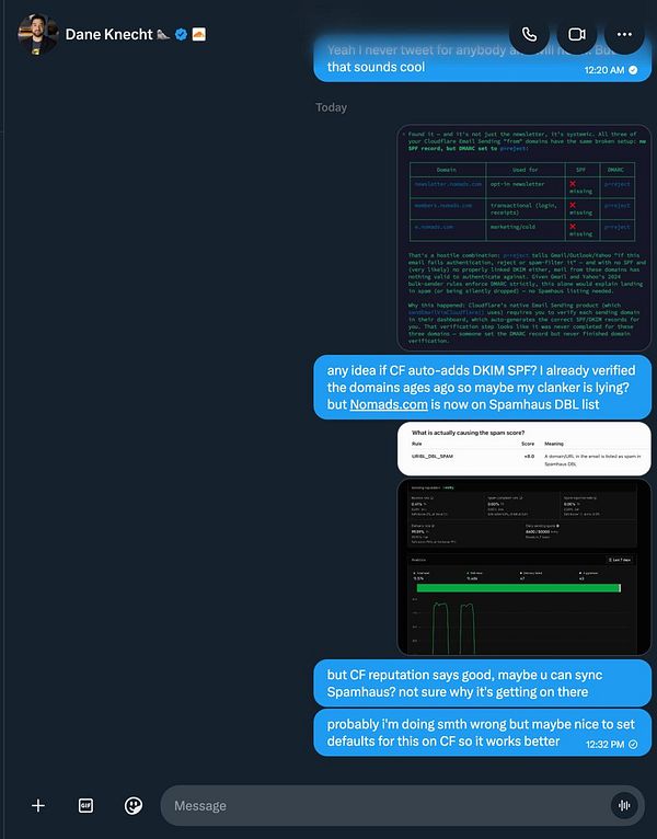 Screenshot of a Cloudflare email support conversation regarding spam issues affecting nomads.com.