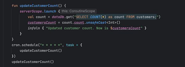 The image displays a code snippet for a function that updates the customer count in a database.