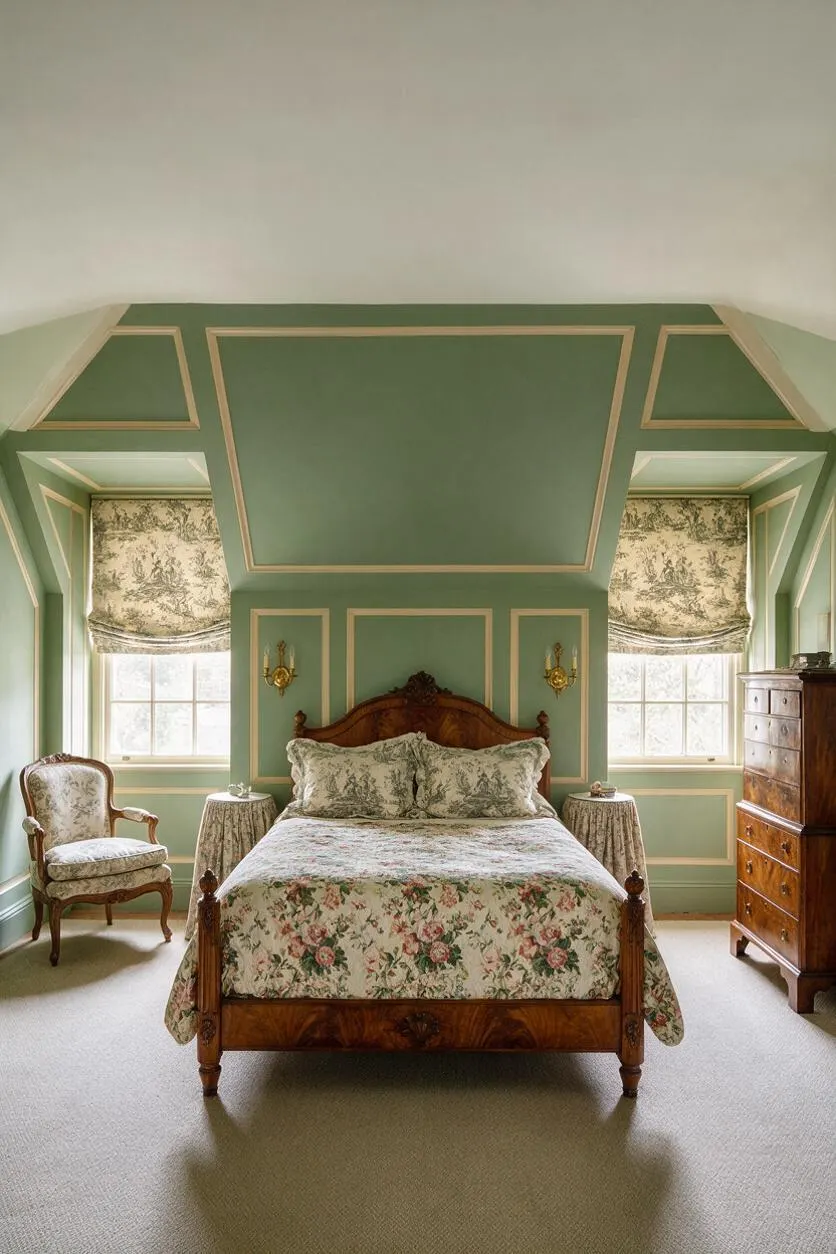 A traditional guest bedroom with a carved wooden bed centered beneath a steeply sloped ceiling, dressed in floral bedding and matching pillows. Sage green walls with cream trim frame two windows with patterned roman shades, while a vintage armchair and wooden dresser complete the symmetrical, classic layout.
