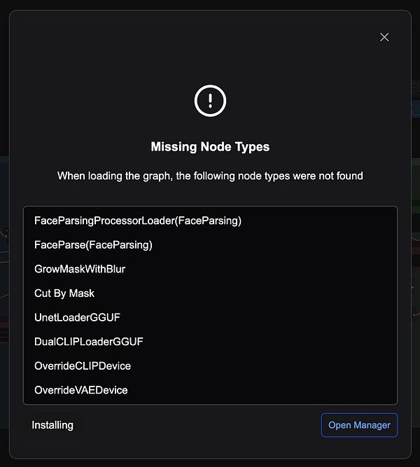 An error message indicating missing node types in ComfyUI.