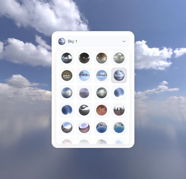 A user interface displaying various skybox presets against a backdrop of a blue sky with clouds.