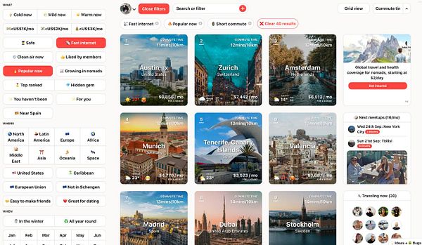 The image displays a grid of popular cities for digital nomads, showcasing average monthly costs and commute times.