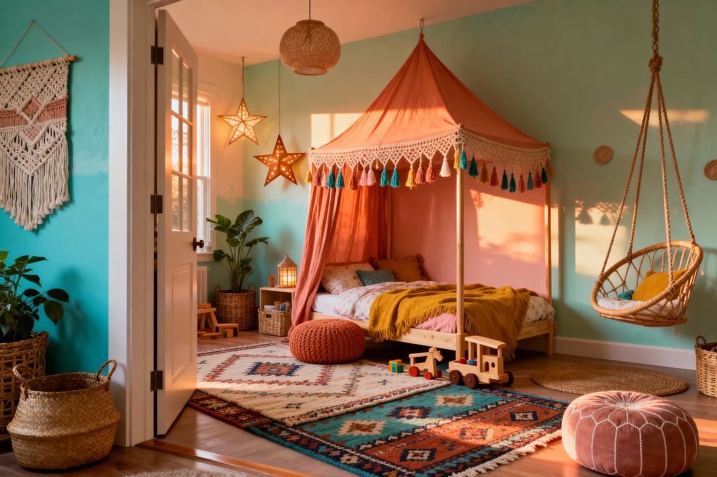 A sunlit Bohemian kids’ bedroom with aqua walls features a low pine bed beneath a coral canopy trimmed with crochet and multicolor tassels. The space includes a rattan hanging chair, woven pendant, macramé wall hanging, kilim rugs in teal and terracotta, wicker baskets, a mustard blanket, blush pouf, knitted rust ottoman, wooden toys, and star-shaped perforated pendant lights near a window.