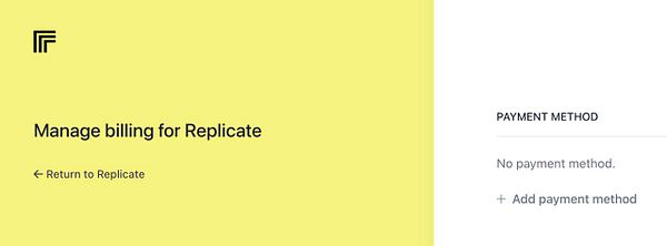 The image displays a billing management interface for Replicate with a focus on payment methods.