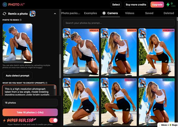 The image displays a user interface for a photo remixing tool featuring a model in various poses.