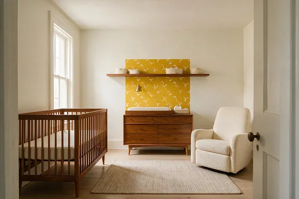 A bright nursery with a wooden crib on the left, a mid-century style dresser with a changing pad in the center, and a cream upholstered rocking chair on the right. A yellow patterned accent panel and a slim wood shelf add color and character against the white walls.