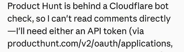 Partial text explaining the need for a Product Hunt API token due to Cloudflare bot check.