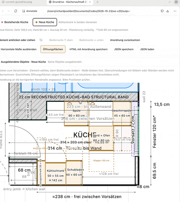 2D kitchen floor plan layout with dimensions and annotations for planning and arrangement purposes.