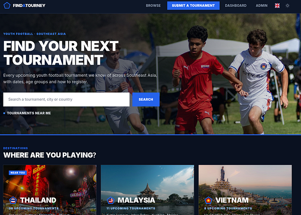 Website homepage of FindATourney showcasing youth football tournaments in Southeast Asia with search and destination options.