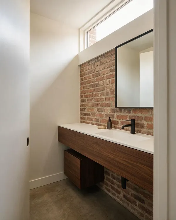 A modern powder room with a floating walnut vanity, white countertop, and matte black faucet against an exposed brick accent wall. A black-framed mirror hangs above the sink, and a tall clerestory window brings in soft natural light.