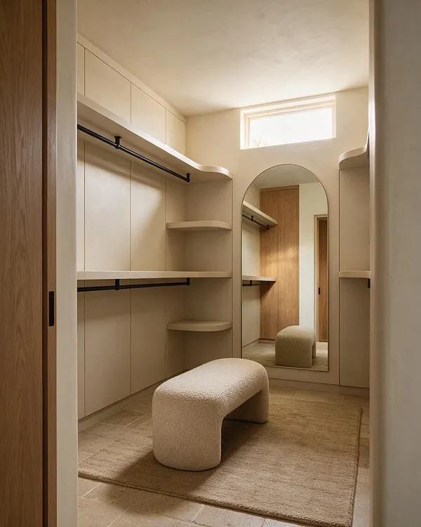 A narrow organic modern closet with soft beige built-in cabinetry, black hanging rods, and rounded open shelves. A tall arched mirror reflects a wood door, while a plush boucle bench sits on a natural fiber rug over light stone tile.