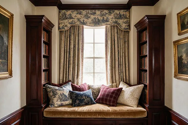 A traditional window seat nook framed by dark wood built-in bookshelves and cream walls. Patterned drapery, a floral valance, and layered decorative pillows create a cozy reading corner with a warm, classic feel.