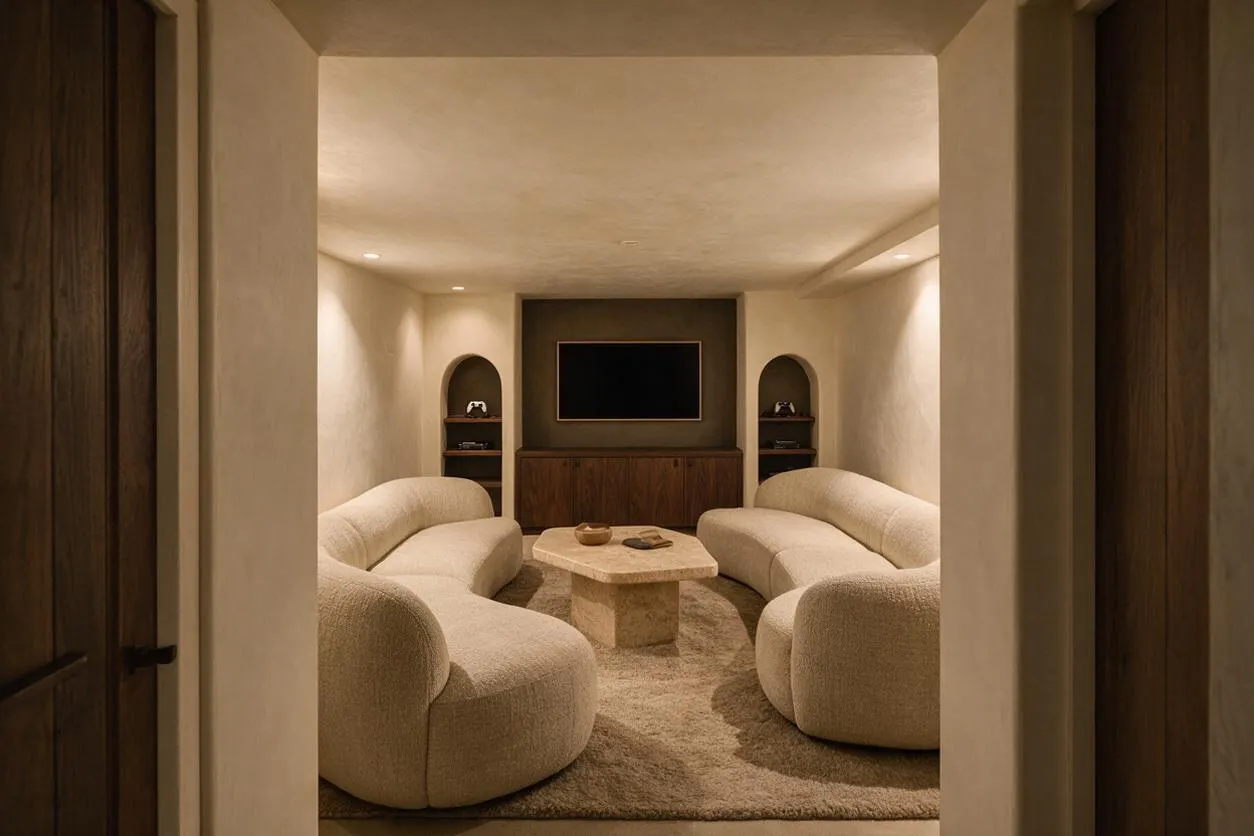 A cozy organic modern game room with four curved cream boucle lounge chairs arranged around a low stone coffee table on a soft shag rug. The room features plaster walls and ceiling, arched built-in niches with dark shelving, a walnut media cabinet, and a wall-mounted TV centered on the back wall.