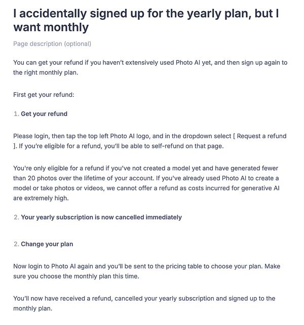 The image contains a detailed guide on how to change a subscription from a yearly to a monthly plan for Photo AI users.