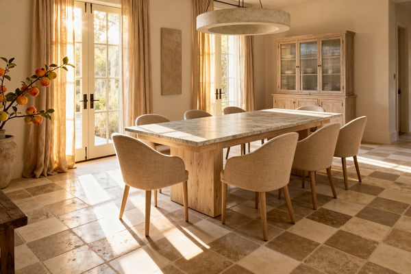 Warm, sunlit dining room with a rectangular stone-topped oak table and eight beige upholstered chairs on a taupe-and-ivory checkerboard travertine floor. Sheer linen curtains frame tall French doors with black hardware, and a large circular plaster pendant hangs above. A light oak hutch with ribbed glass doors lines the back wall, while a rustic urn with fruit branches accents the corner, creating a soft, transitional look in natural neutrals.