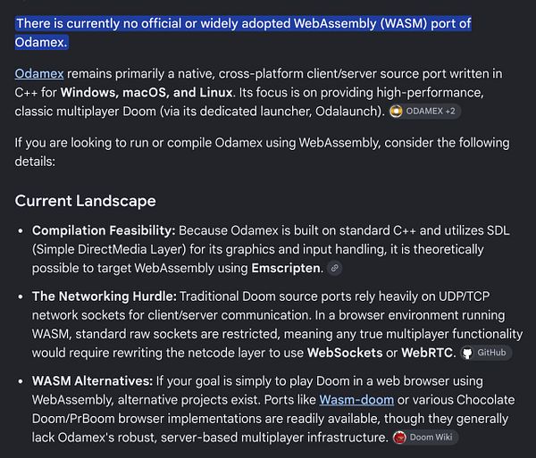 Explanation of the status and challenges of porting Odamex, a classic Doom multiplayer client/server source port, to WebAssembly (WASM).