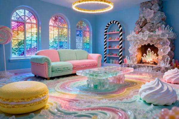 A whimsical living room features pastel blue walls and three arched windows glazed with rainbow stained glass. A mint-and-pink velvet sofa faces a translucent resin coffee table set on crystal-like supports, atop a swirled pastel floor; to the right, a chunky stone fireplace is encrusted with clear sugar-crystal forms and a warm fire, with a candy-cane arch bookshelf nearby, an illuminated brass ring chandelier above, and oversized macaron and meringue poufs plus a lollipop sculpture completing the candy theme.