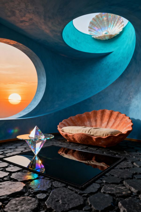 A surreal living room with curved turquoise plaster walls features a large circular window framing a setting sun and a spiral oculus overhead holding an iridescent shell-like ceiling piece. A terracotta shell-shaped sofa with a beige linen cushion sits on a rugged black stone floor beside a square inset of mirrored glass and a prismatic glass side table that refracts rainbow light, creating a dreamlike, ocean-inspired atmosphere.