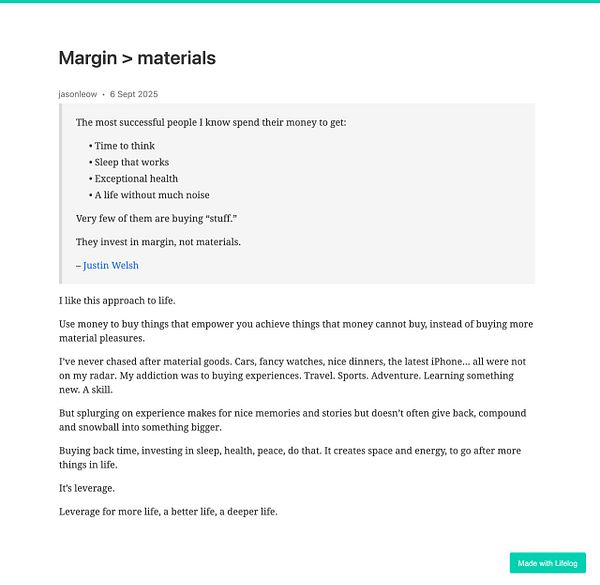 A reflective post discussing the value of investing in experiences over material possessions.