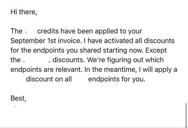 The image displays a message regarding applied credits and discounts for a September invoice.