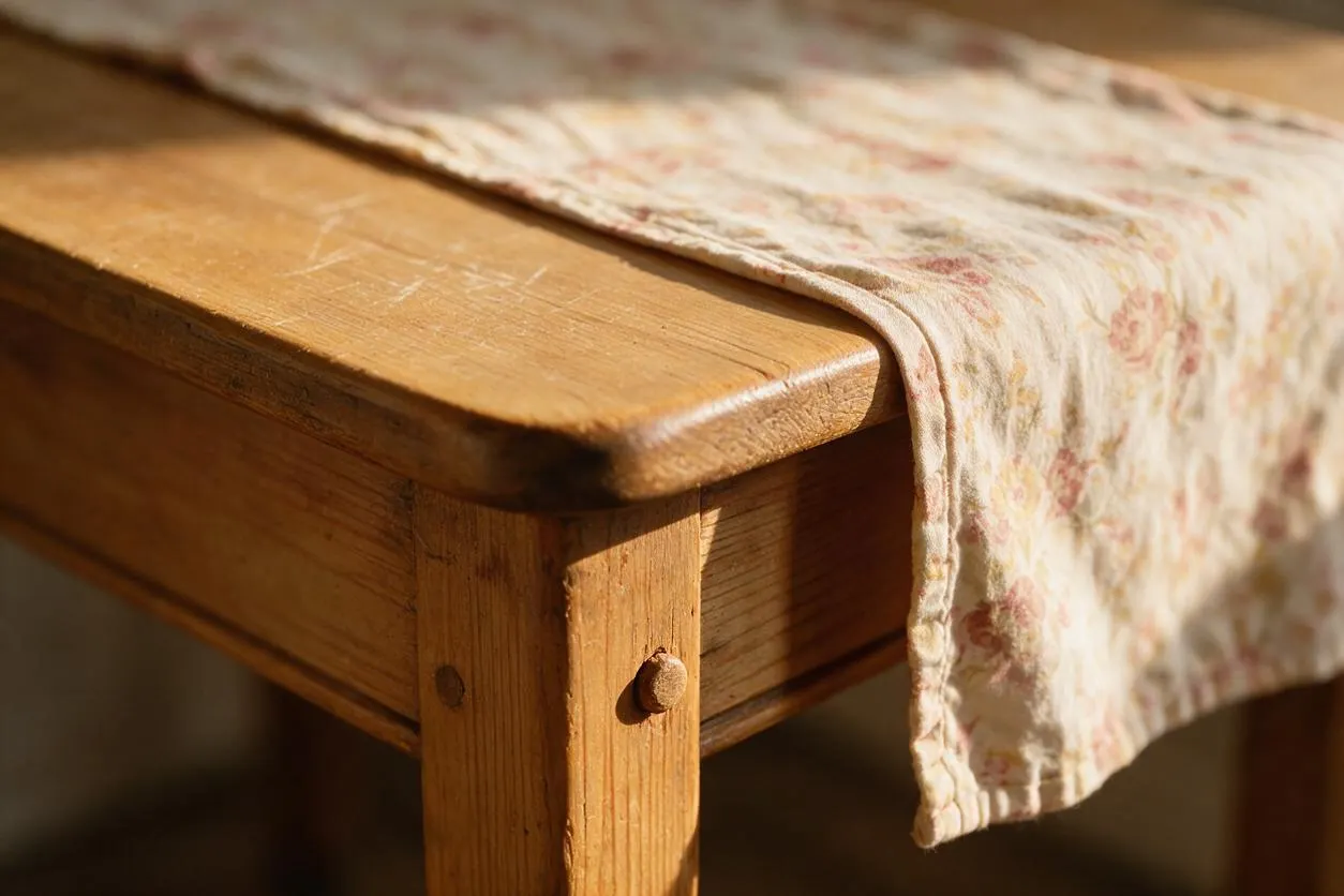 A close-up of a honey-colored wooden table corner with rounded edges and visible grain, draped with a soft cream linen runner printed with faded pink floral patterns. The warm sunlight highlights the aged wood and gentle, handmade cottage feel.