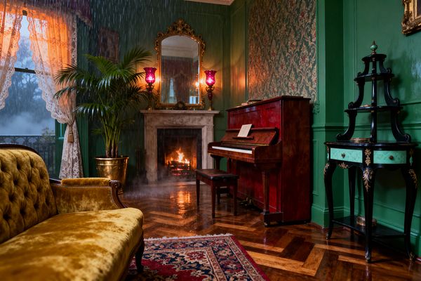 Victorian living room with emerald paneled walls and damask wallpaper features a marble fireplace lit beneath a gilded mirror and two cranberry glass lamps. A mahogany upright piano and bench sit opposite a mustard velvet tufted settee; lace curtains frame a rainy window, while a polished herringbone parquet floor and red‑navy rug ground an ebonized étagère with mint drawers and a brass planter holding a tall palm.