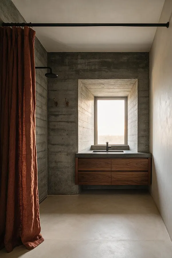A narrow Brutalist bathroom with exposed concrete walls, a centered window framed in matching concrete, and a floating walnut vanity with a dark sink and faucet. A rust-colored shower curtain hangs on the left beside a black shower arm, while the floor and ceiling remain minimal and pale.